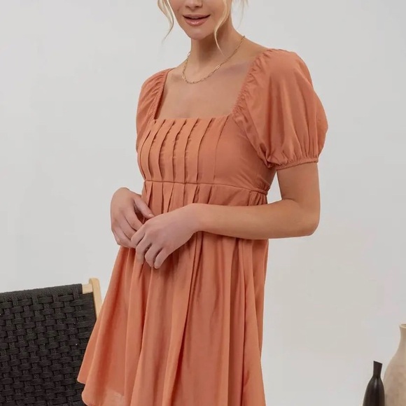 Blu Pepper Dusty Apricot Square Neck Puff Sleeve Pleated Mini Dress - Picture 4 of 6